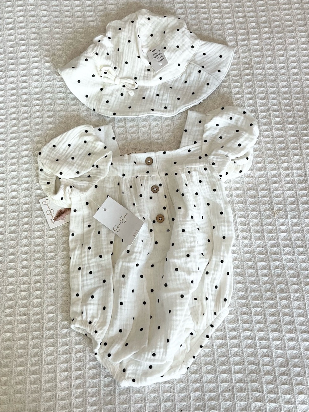 Jessica Simpson White Baby One-Piece with Black Polka Dots and Matching Sun Hat